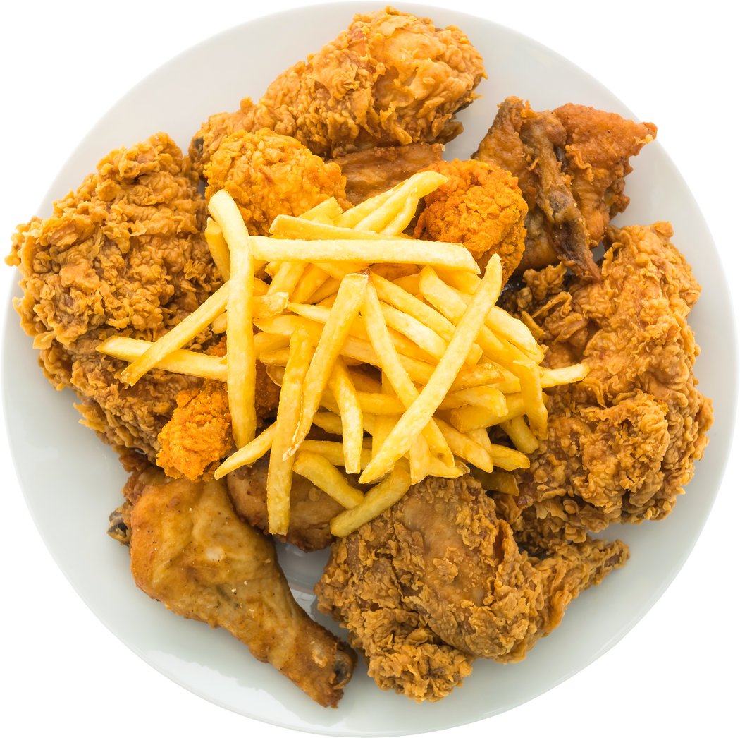Fried chicken and french fries in white plate